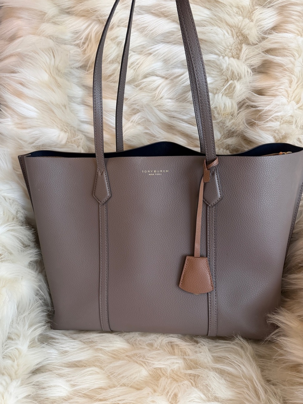 Tory Burch Perry Triple Compartment Tote Feather Gray Leather Large